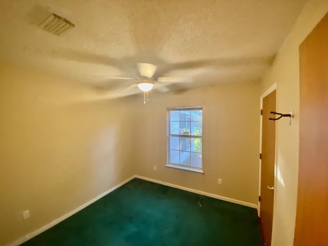 unfurnished bedroom featuring visible vents, baseboards, ceiling fan, carpet, and a textured ceiling