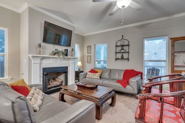 624 W 7th Ave, Tallahassee, FL 32303 - living room featuring a stone fireplace, a ceiling fan, ornamental molding, healthy amount of natural light, and wood finished floors
