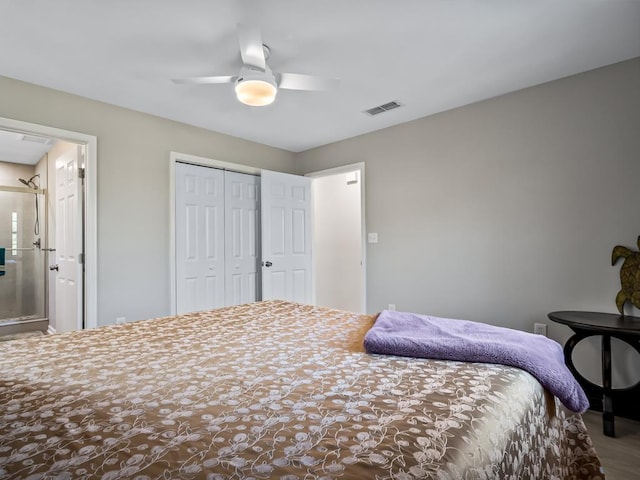 bedroom featuring ceiling fan and a closet