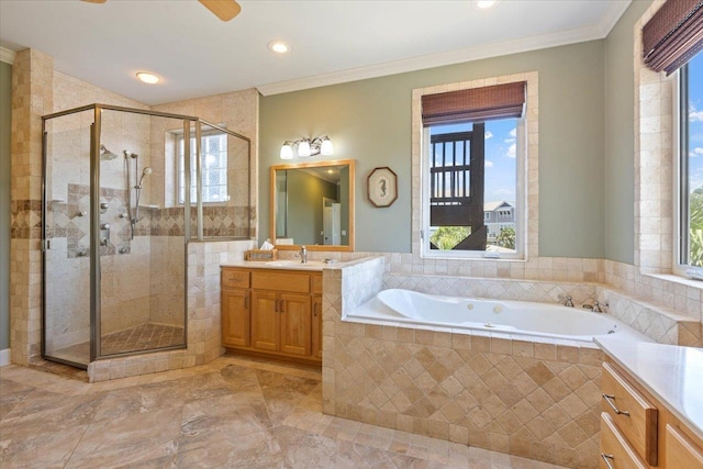 bathroom featuring plenty of natural light, vanity, independent shower and bath, and ornamental molding