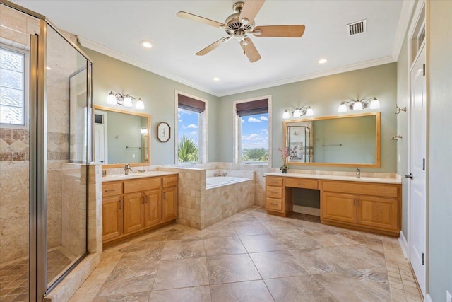 bathroom featuring vanity, a wealth of natural light, crown molding, and plus walk in shower