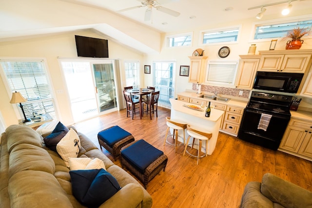 kitchen featuring hardwood / wood-style flooring, a healthy amount of sunlight, black appliances, and vaulted ceiling