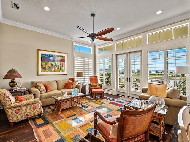 45 Walker Creek Dr, Shell Point, FL 32327 - living area with ornamental molding, ceiling fan, french doors, recessed lighting, and wood finished floors