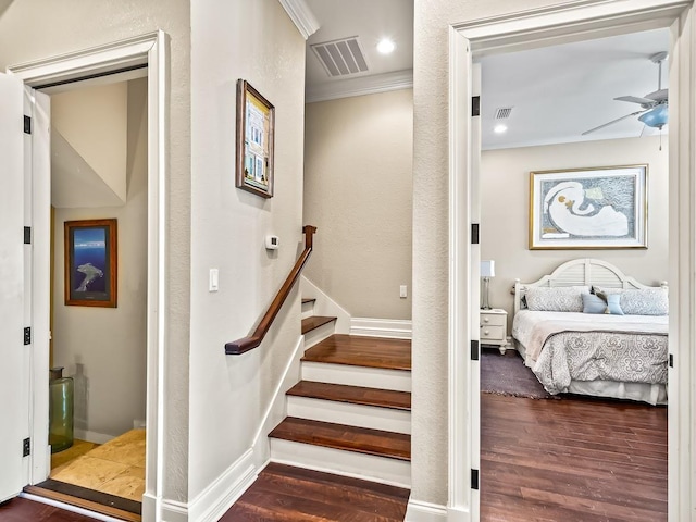 45 Walker Creek Dr, Shell Point, FL 32327 - stairs with ornamental molding, wood finished floors, a ceiling fan, and recessed lighting