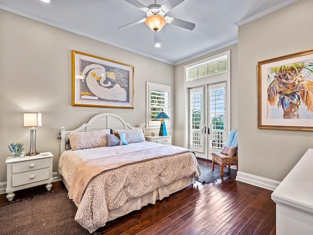 45 Walker Creek Dr, Shell Point, FL 32327 - bedroom featuring access to outside, dark wood-style floors, crown molding, french doors, and a ceiling fan