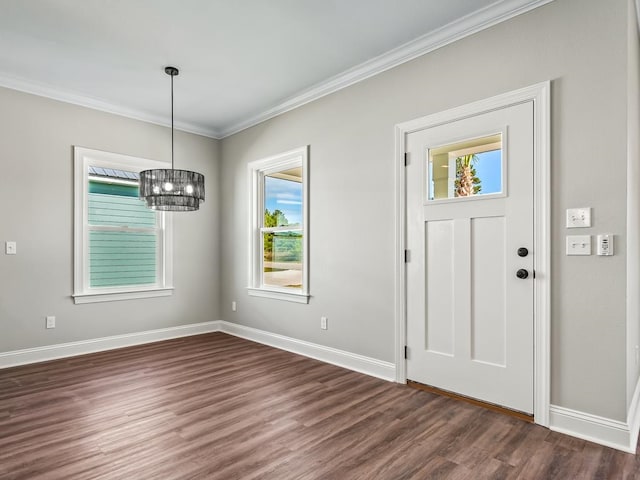 entryway featuring a wealth of natural light, dark hardwood / wood-style floors, and ornamental molding