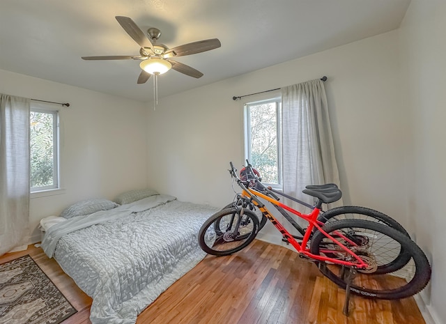 bedroom featuring a ceiling fan, multiple windows, and wood finished floors