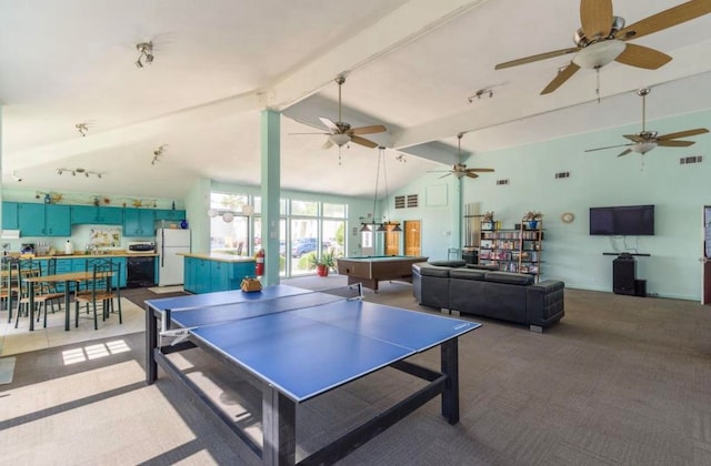 game room with carpet flooring, beam ceiling, high vaulted ceiling, rail lighting, and billiards