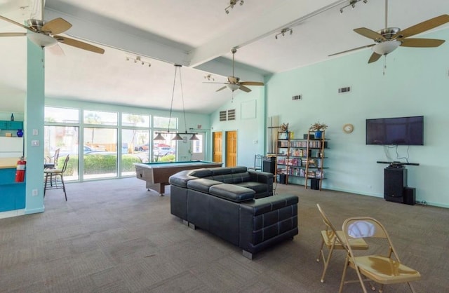 living room with track lighting, beam ceiling, carpet flooring, high vaulted ceiling, and billiards