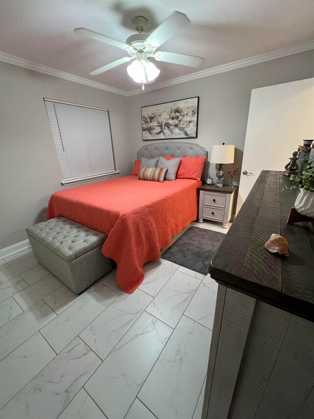 bedroom with ceiling fan and ornamental molding