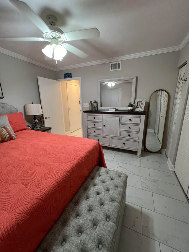 bedroom with ceiling fan and crown molding