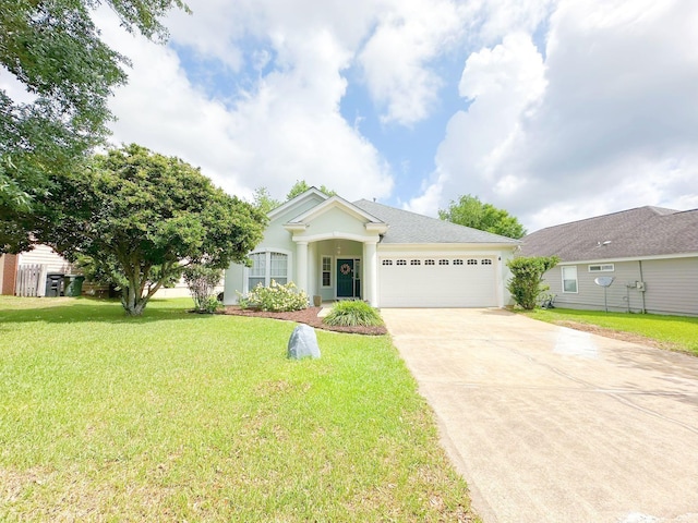 single story home featuring a garage, driveway, a front lawn, and stucco siding