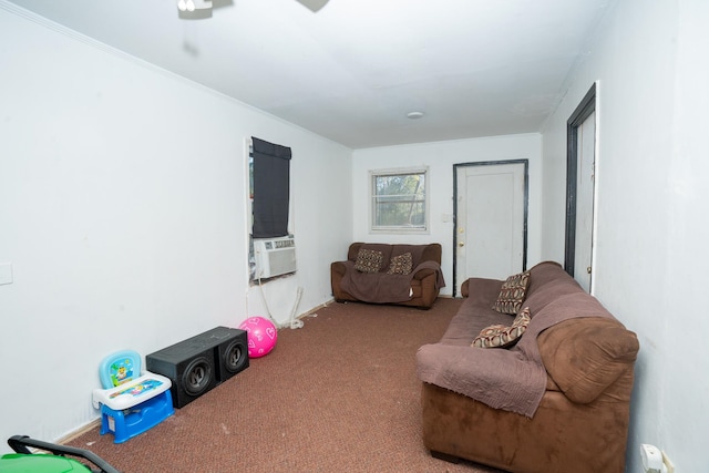 living room featuring carpet flooring, cooling unit, and ornamental molding