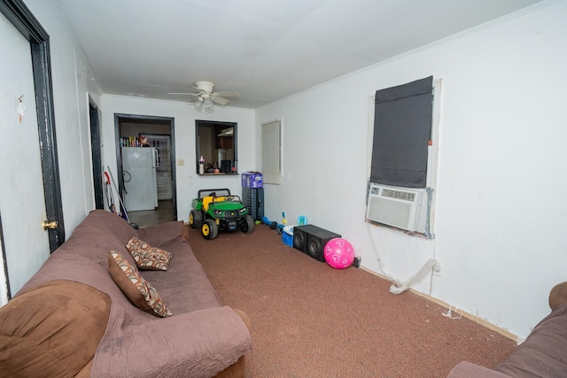 carpeted living room featuring crown molding, ceiling fan, and cooling unit
