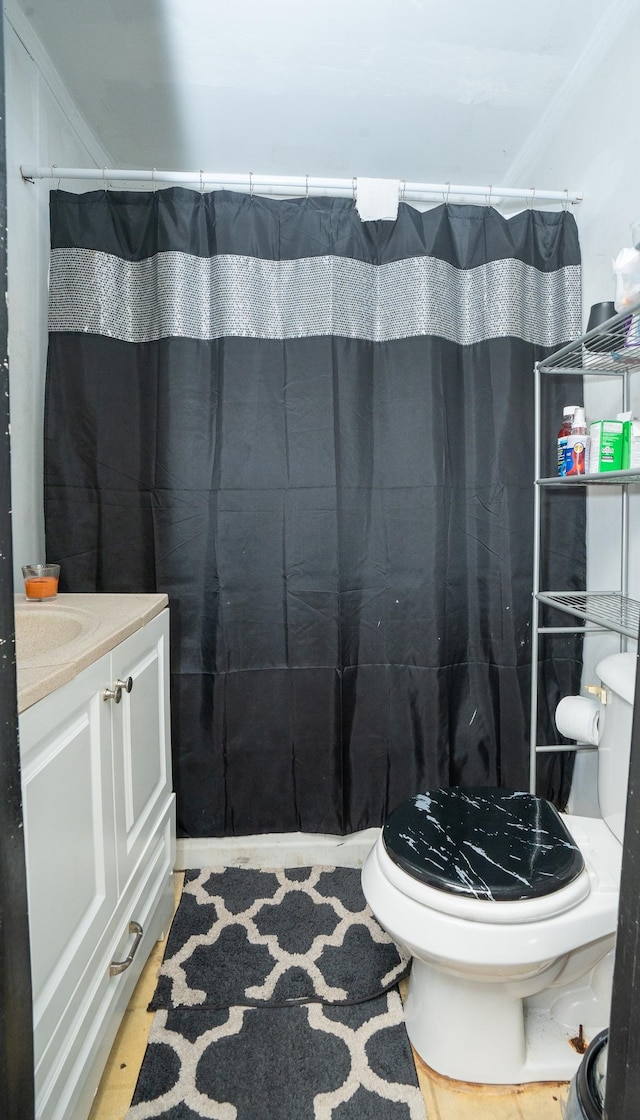bathroom with hardwood / wood-style flooring, vanity, toilet, and a shower with curtain