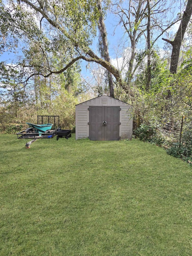 view of yard with a storage shed