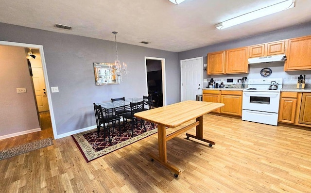 kitchen with an inviting chandelier, white electric range, light hardwood / wood-style floors, and decorative light fixtures