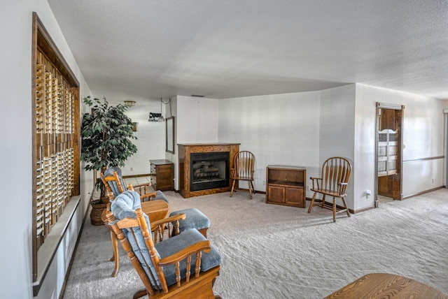 sitting room featuring light carpet and a textured ceiling