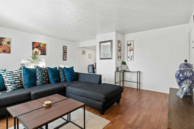 living room with wood-type flooring and a textured ceiling