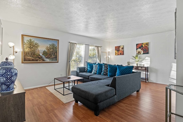 living room featuring a textured ceiling and hardwood / wood-style flooring