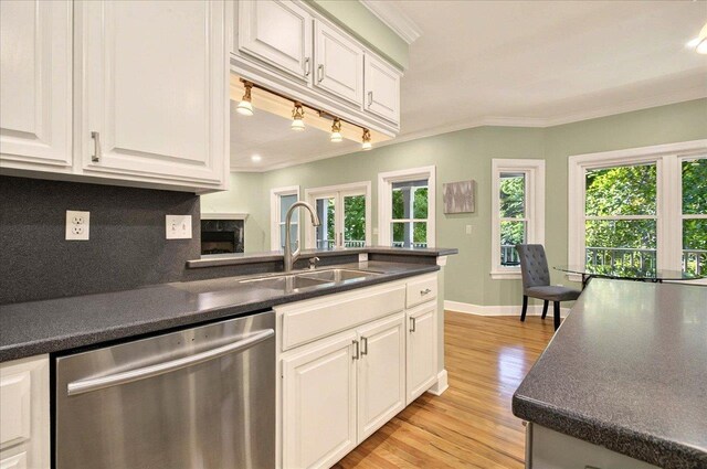 9078 Shoal Creek Dr, Tallahassee, FL 32312 - kitchen with stainless steel dishwasher, a sink, dark countertops, white cabinetry, and crown molding