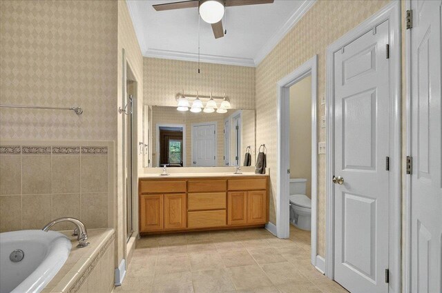9078 Shoal Creek Dr, Tallahassee, FL 32312 - full bathroom featuring ornamental molding, wallpapered walls, toilet, a garden tub, and ceiling fan