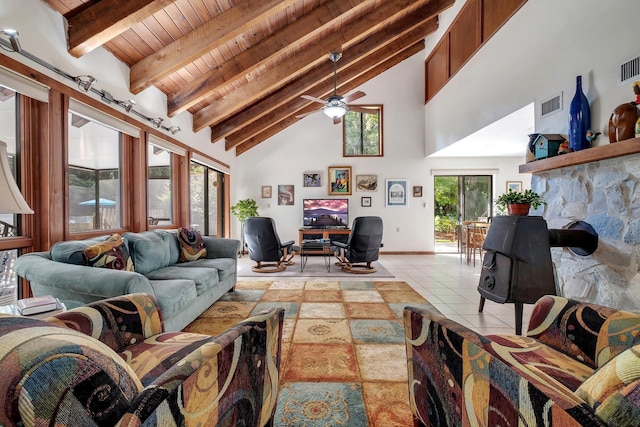 988 Timber Run, Havana, FL 32333 - living area with wooden ceiling with exposed beams, high vaulted ceiling, ceiling fan, light tile patterned floors, and an office area