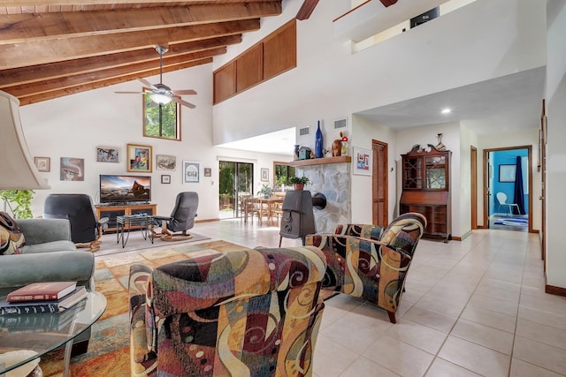 988 Timber Run, Havana, FL 32333 - living area with a ceiling fan, high vaulted ceiling, light tile patterned flooring, baseboards, and wood ceiling with exposed beams