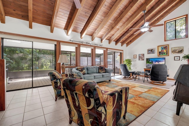 988 Timber Run, Havana, FL 32333 - living room with ceiling fan, wood ceiling with exposed beams, light tile patterned floors, plenty of natural light, and high vaulted ceiling