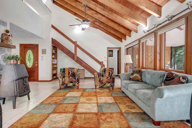 988 Timber Run, Havana, FL 32333 - tiled living room with wooden ceiling, stairway, and ceiling fan
