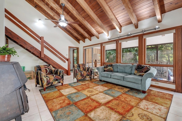 988 Timber Run, Havana, FL 32333 - living area with wooden ceiling, light tile patterned flooring, ceiling fan, and stairway
