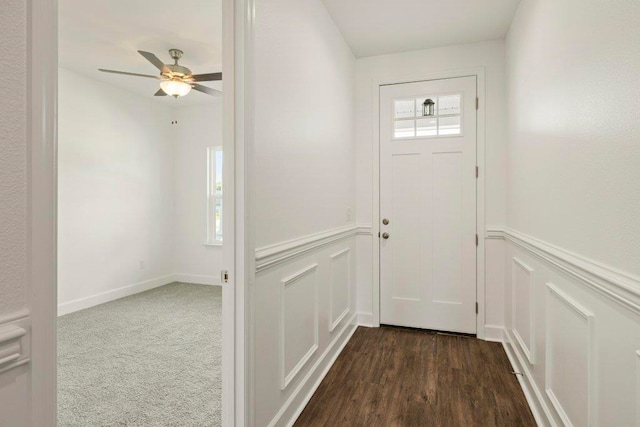 4468 River Breeze Ln, Tallahassee, FL 32303 - doorway to outside featuring a decorative wall, wainscoting, and ceiling fan