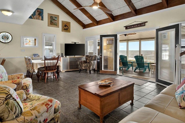 1195 Alligator Dr, Alligator Point, FL 32346 - living room featuring ceiling fan, beamed ceiling, and high vaulted ceiling