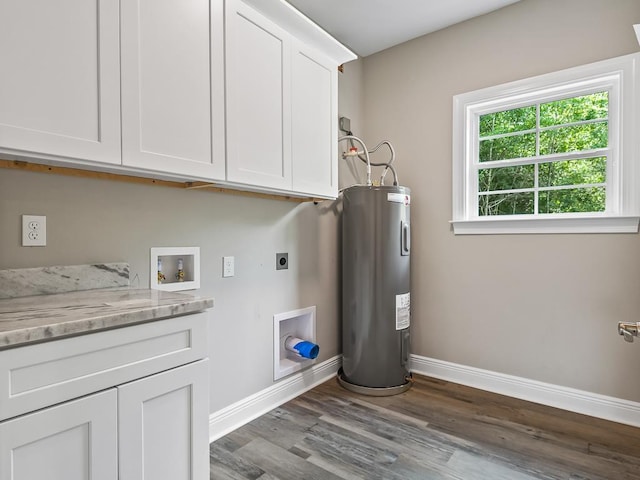 clothes washing area featuring hookup for an electric dryer, hookup for a washing machine, dark hardwood / wood-style flooring, cabinets, and water heater