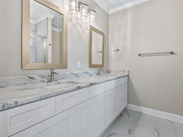 bathroom with walk in shower, vanity, and ornamental molding