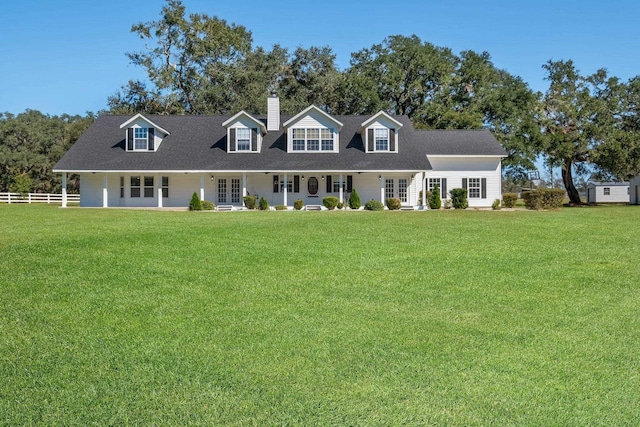 cape cod house featuring a front lawn, a chimney, a shingled roof, and fence