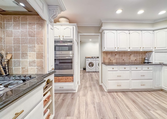 2825 Turkey Hill Trl, Tallahassee, FL 32312 - kitchen featuring washer and clothes dryer, light wood-style floors, white cabinetry, backsplash, and ornamental molding