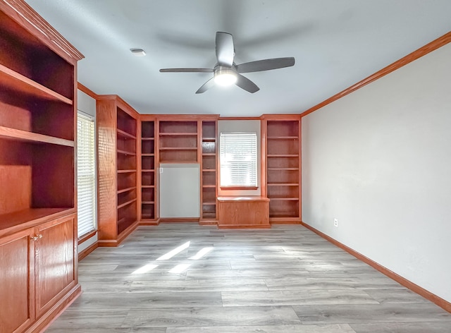 2825 Turkey Hill Trl, Tallahassee, FL 32312 - unfurnished living room with light wood-type flooring, built in shelves, ceiling fan, baseboards, and ornamental molding
