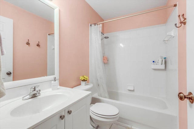 full bath featuring toilet, shower / bath combination with curtain, and vanity