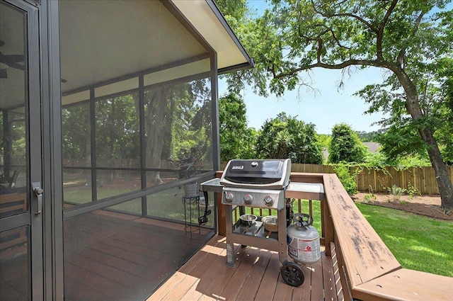 wooden deck featuring grilling area and a fenced backyard