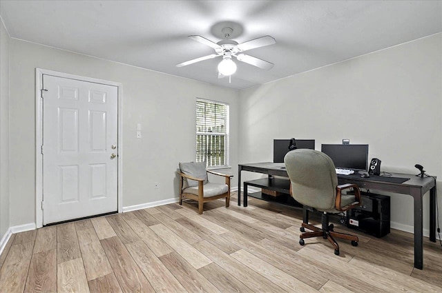 office space featuring a ceiling fan, light wood-style flooring, and baseboards