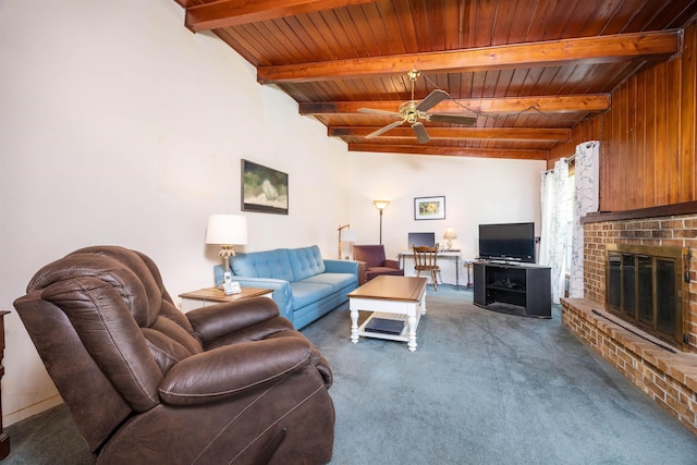 carpeted living room featuring wood ceiling, ceiling fan, a fireplace, and beam ceiling