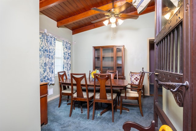 dining space with ceiling fan, vaulted ceiling with beams, wood ceiling, and dark carpet