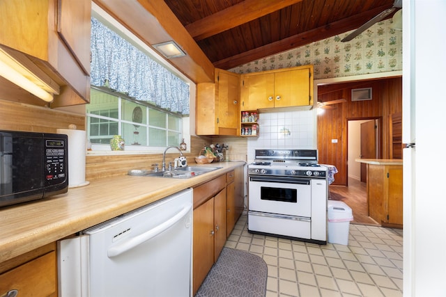 kitchen featuring sink, vaulted ceiling with beams, wood ceiling, white appliances, and backsplash