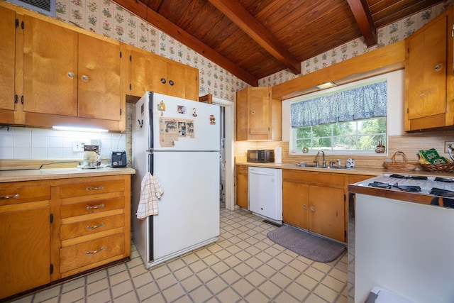 kitchen with white appliances, wooden ceiling, lofted ceiling with beams, and backsplash