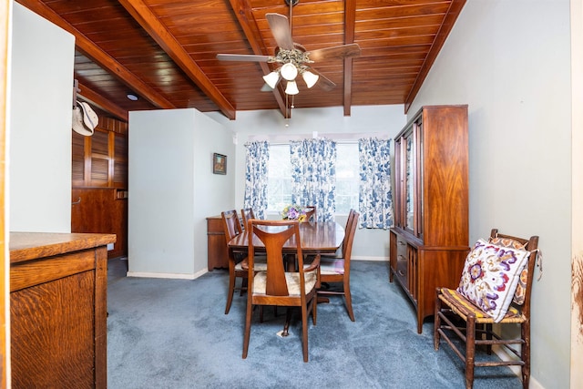 dining space featuring ceiling fan, wooden ceiling, lofted ceiling with beams, and dark colored carpet