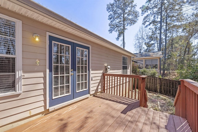 wooden terrace featuring french doors