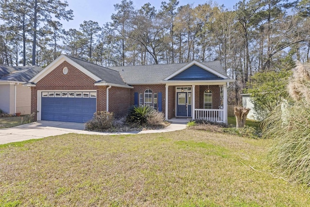 ranch-style home featuring driveway, a garage, covered porch, a front lawn, and brick siding