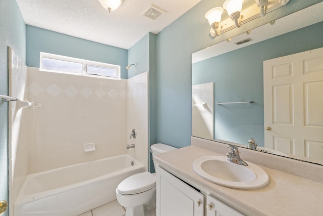 full bathroom with toilet, a textured ceiling, vanity, and visible vents