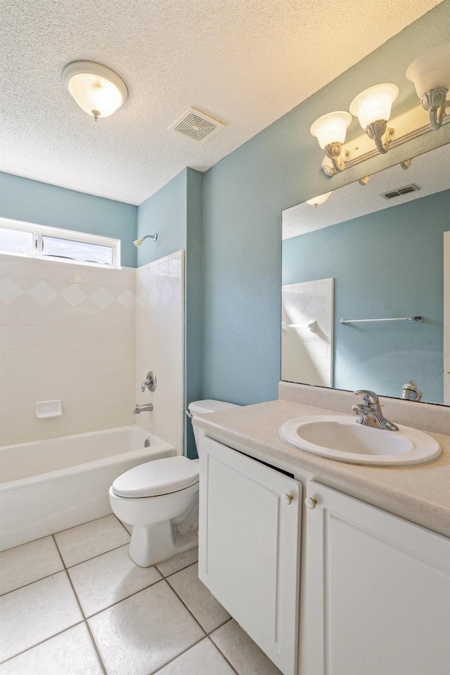 bathroom with toilet, shower / bathing tub combination, visible vents, and tile patterned floors